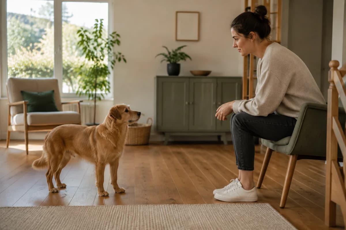 Eine Frau sitzt mit Abstand vor einem frei stehenden Hund in einem hellen Wohnzimmer.