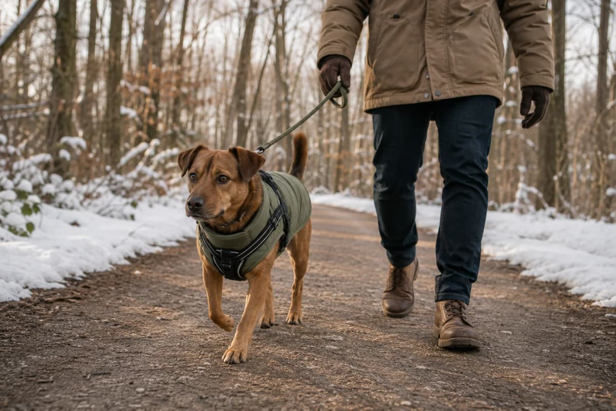 Hund steht ruhig im winterlichen Freien, Alltagsszene ohne Produktinszenierung.