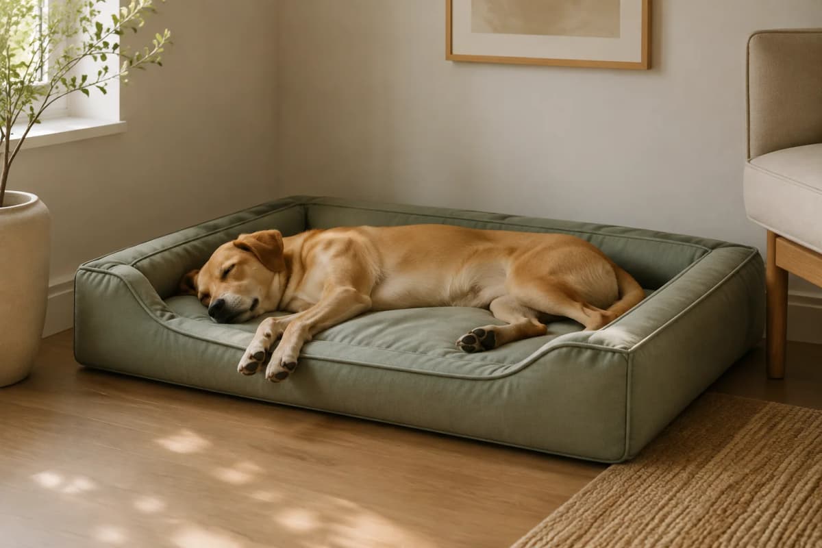 Ein Hund ruht ausgestreckt auf einem großzügigen grünen Hundebett in einer ruhigen Zimmerecke.