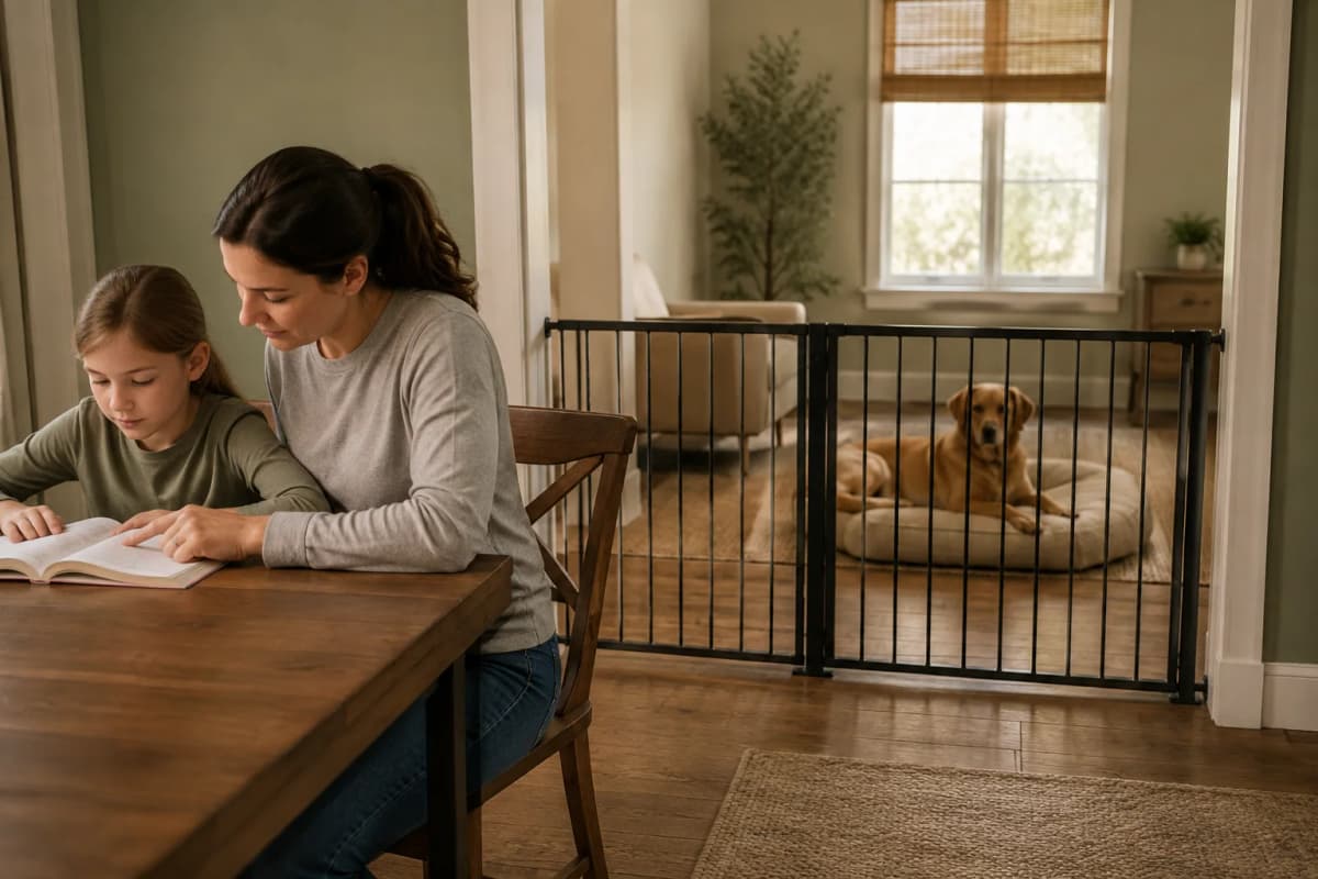 Eine Mutter liest mit einem Kind am Tisch; der Hund ruht im anderen Zimmer hinter einem geschlossenen Schutzgitter.