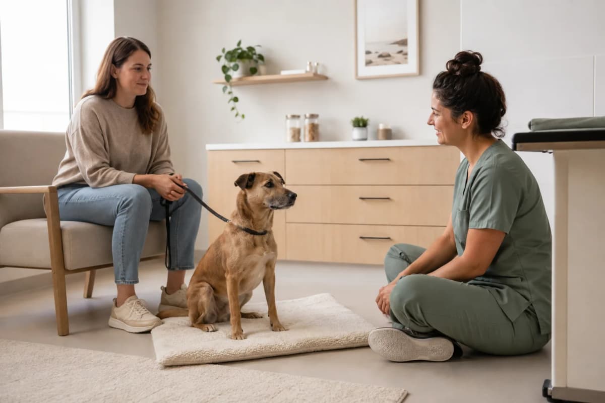 Halterin sitzt mit ihrem Hund im hellen Wohnzimmer und schaut ruhig auf Unterlagen.