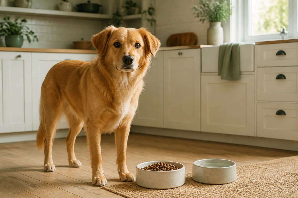 Ein Hund steht in einer hellen Küche neben einem Futter- und einem Wassernapf.