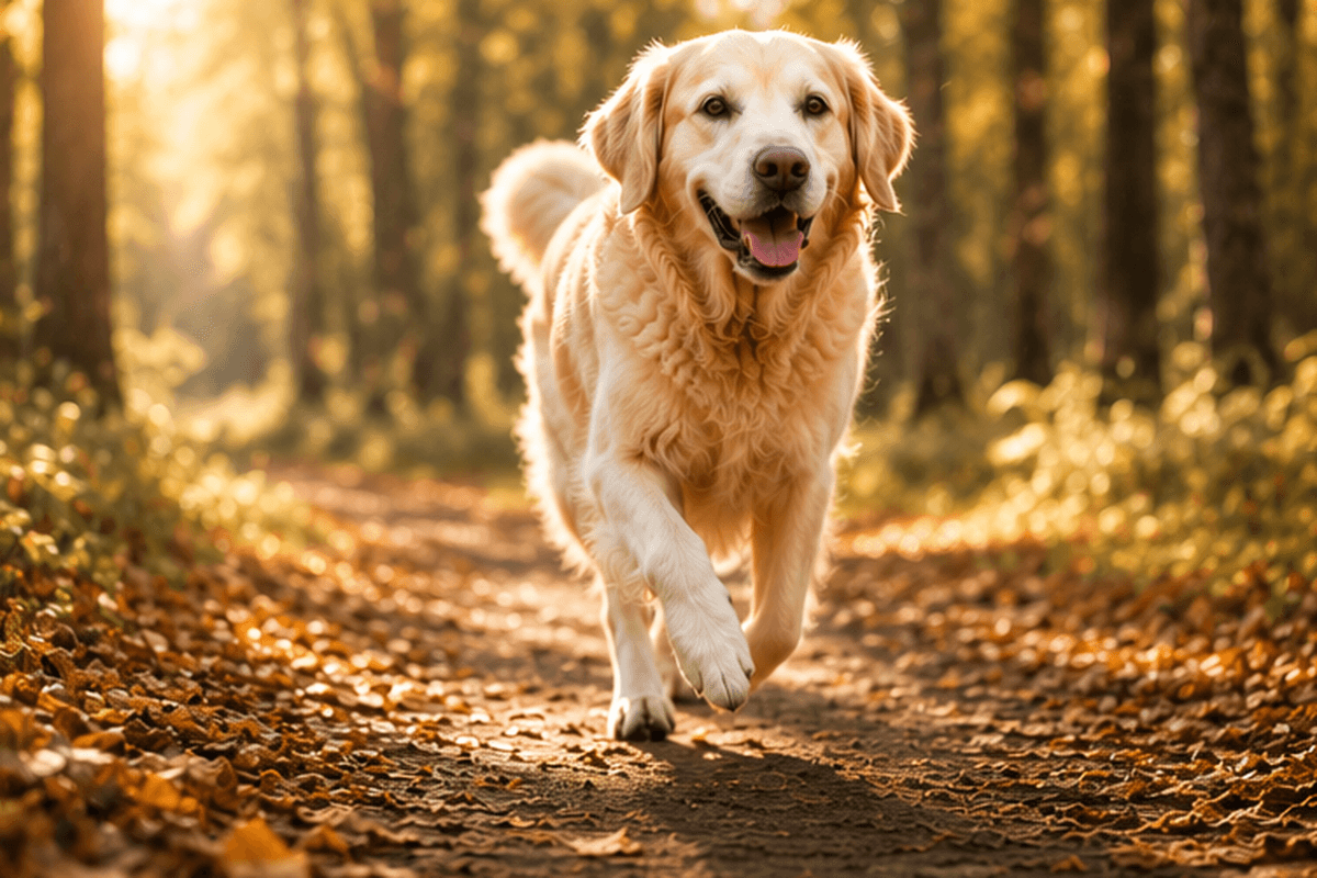 Golden Retriever auf einem Waldweg