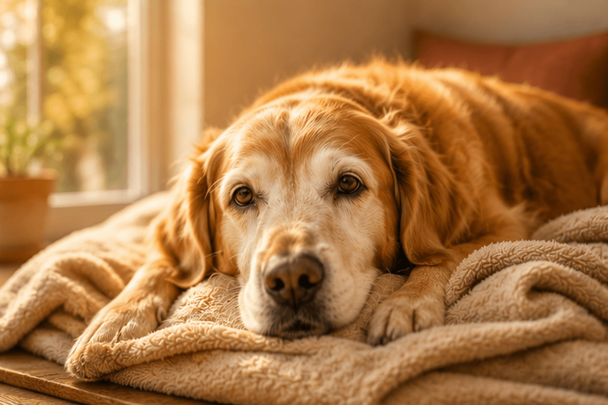Hund ruht auf einer Decke