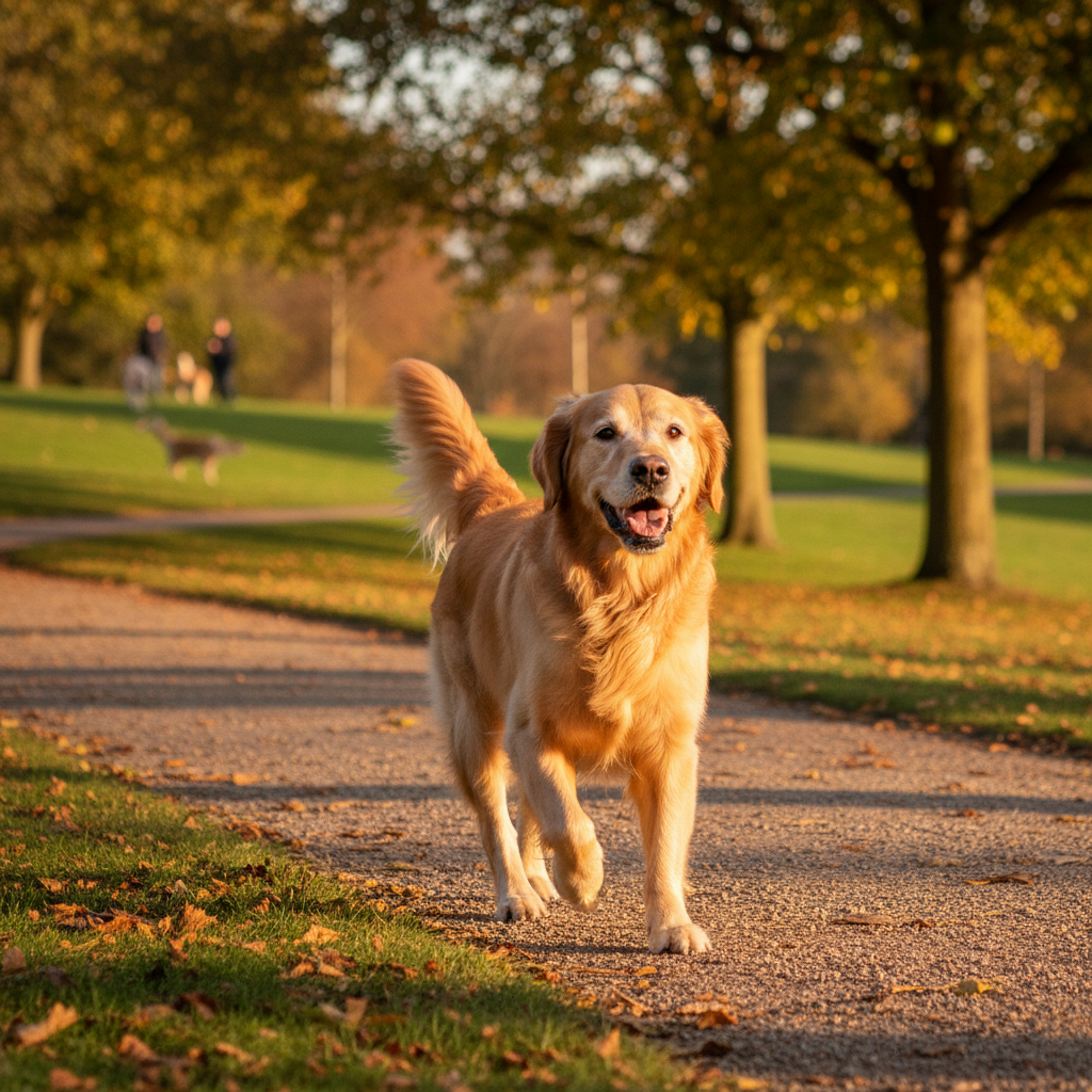 Älterer Golden Retriever beim Spaziergang mit deutlich verbesserter Mobilität