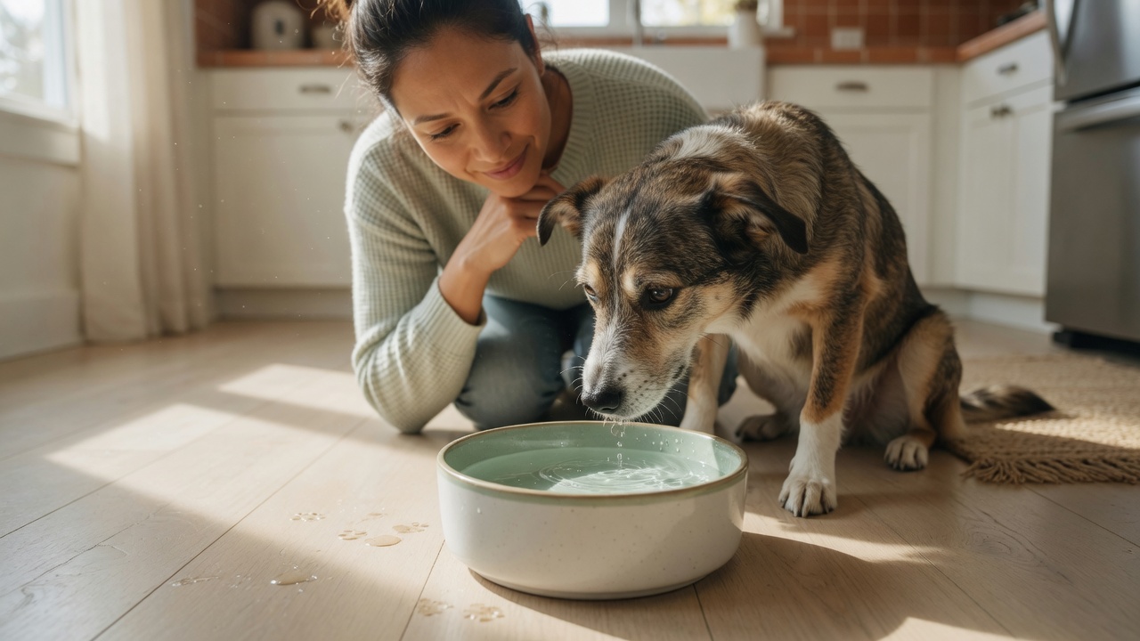 Eine Halterin beobachtet ihren aufmerksamen Hund neben einer frischen Wasserschale.