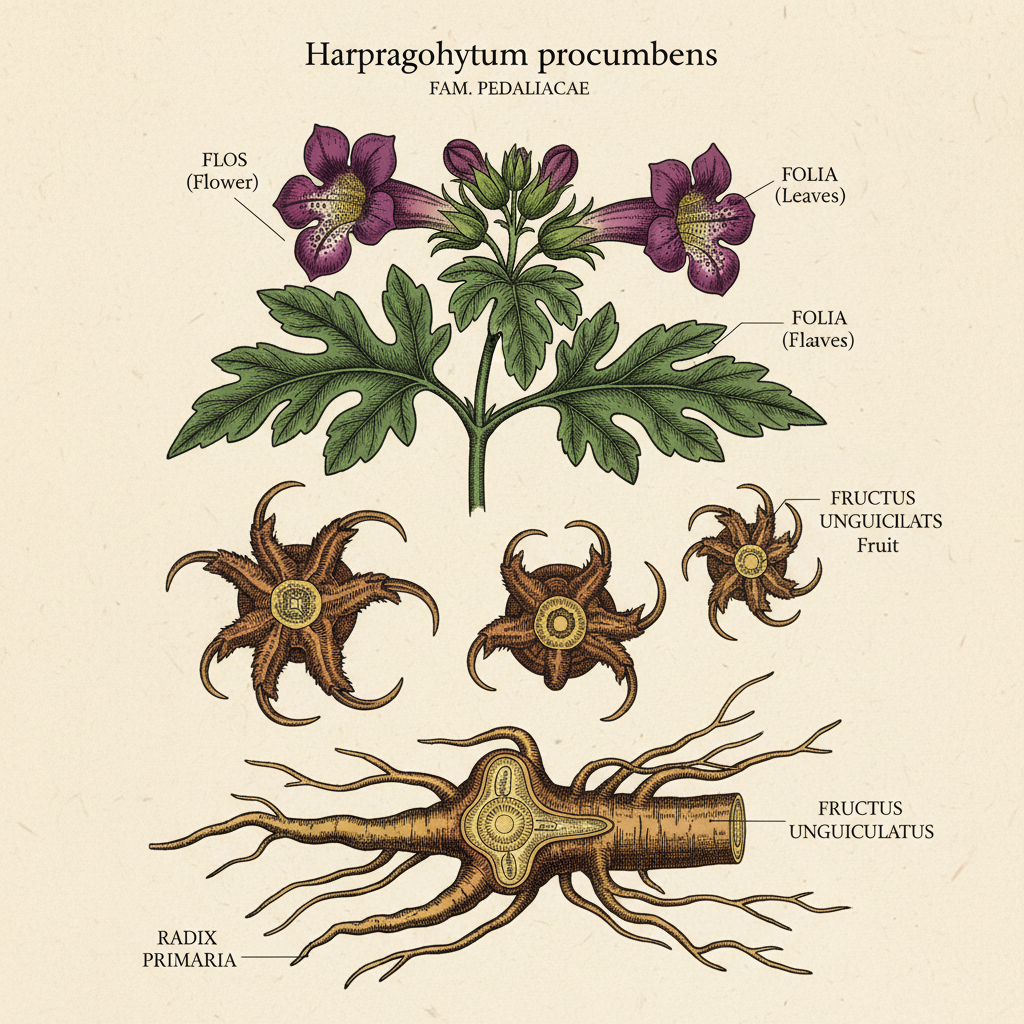 Harpagophytum procumbens Pflanze mit charakteristischen lila Blüten und hakigen Früchten